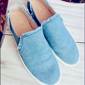 Kate Spade Blue Woman’s Lily Denim Ruffle Slip On Sneaker